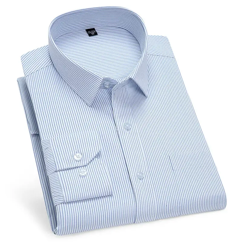 Men's Pure Blue Striped Formal Shirt Long Sleeve Spring Autumn - Image 10