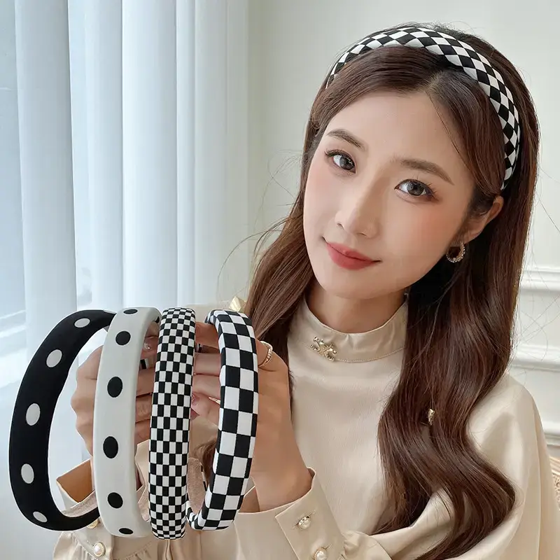 Women's Black & White Checkered Plaid Headband with Bow - Image 8