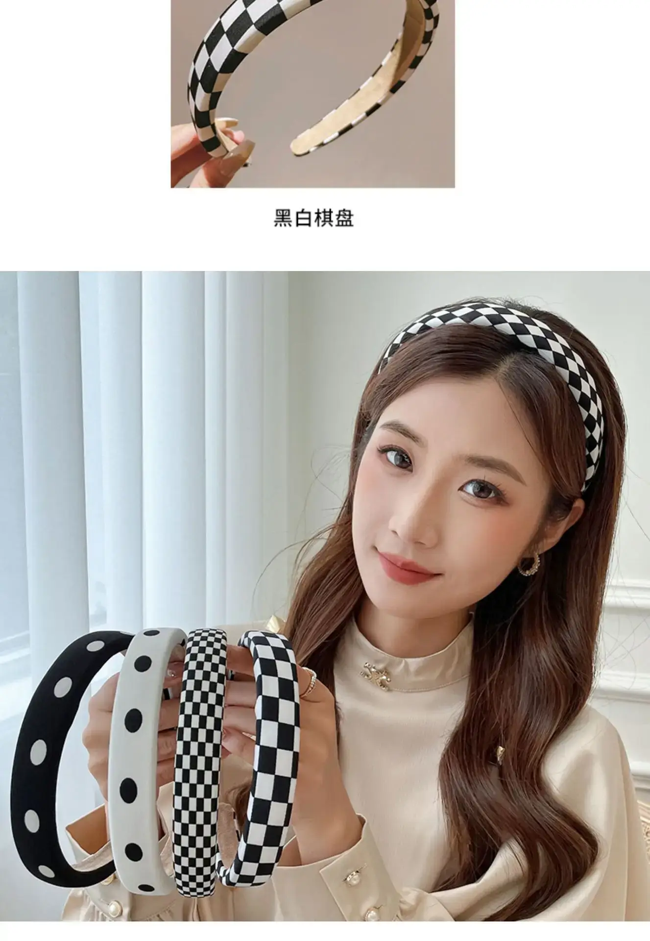 Women's Black & White Checkered Plaid Headband with Bow — feature 4