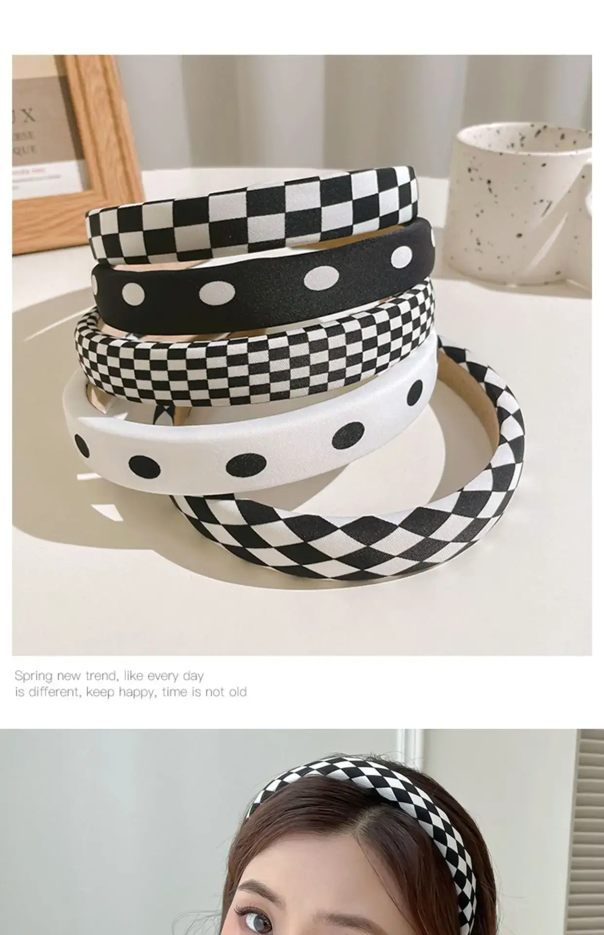 Women's Black & White Checkered Plaid Headband with Bow — feature 5