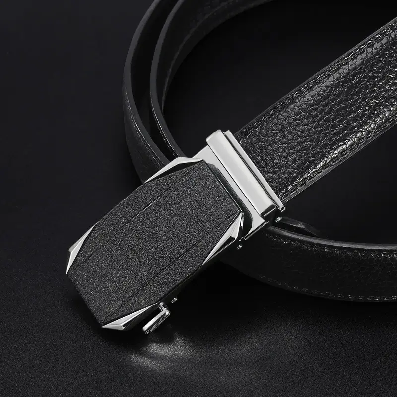 Men's Black Leather Belt with Silver Buckle - Image 5