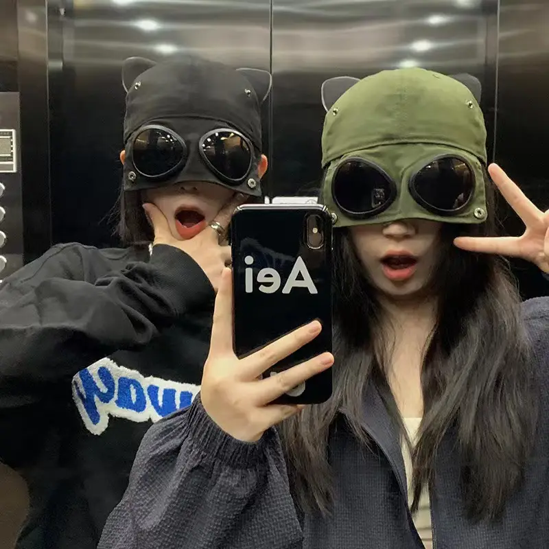 Cat Ears Aviator Glasses Cap Green Men's Spring Summer - Image 2