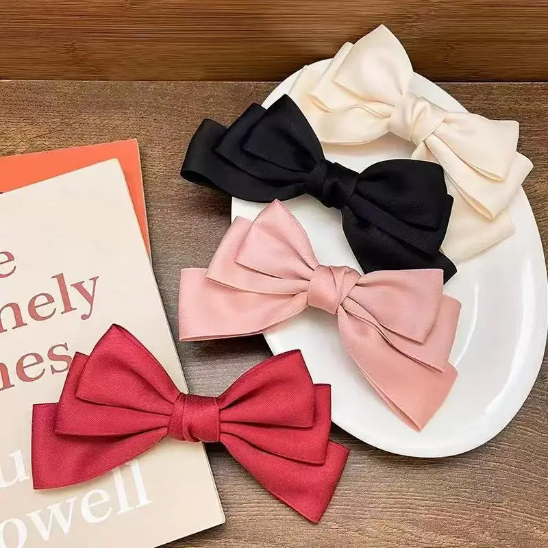 Korean New Cute Girl Bow Silks Satins Spring Clip Back of Head Top Clip High-End Hair Clip Ponytail Clip for Women