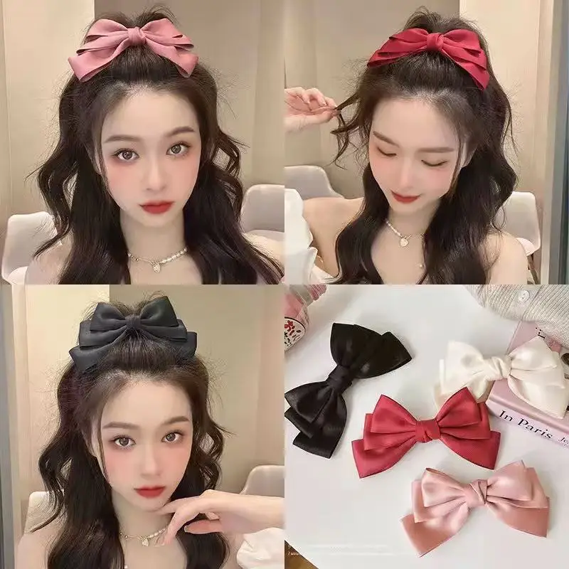 Korean New Cute Girl Bow Silks Satins Spring Clip Back of Head Top Clip High-End Hair Clip Ponytail Clip for Women