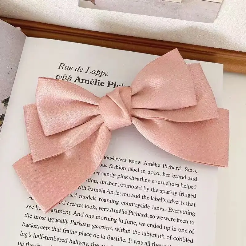 Korean New Cute Girl Bow Silks Satins Spring Clip Back of Head Top Clip High-End Hair Clip Ponytail Clip for Women