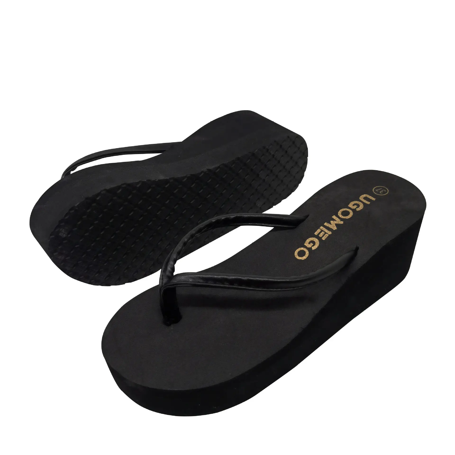 Black PU Wedge Flip Flops Women Summer Non-Slip