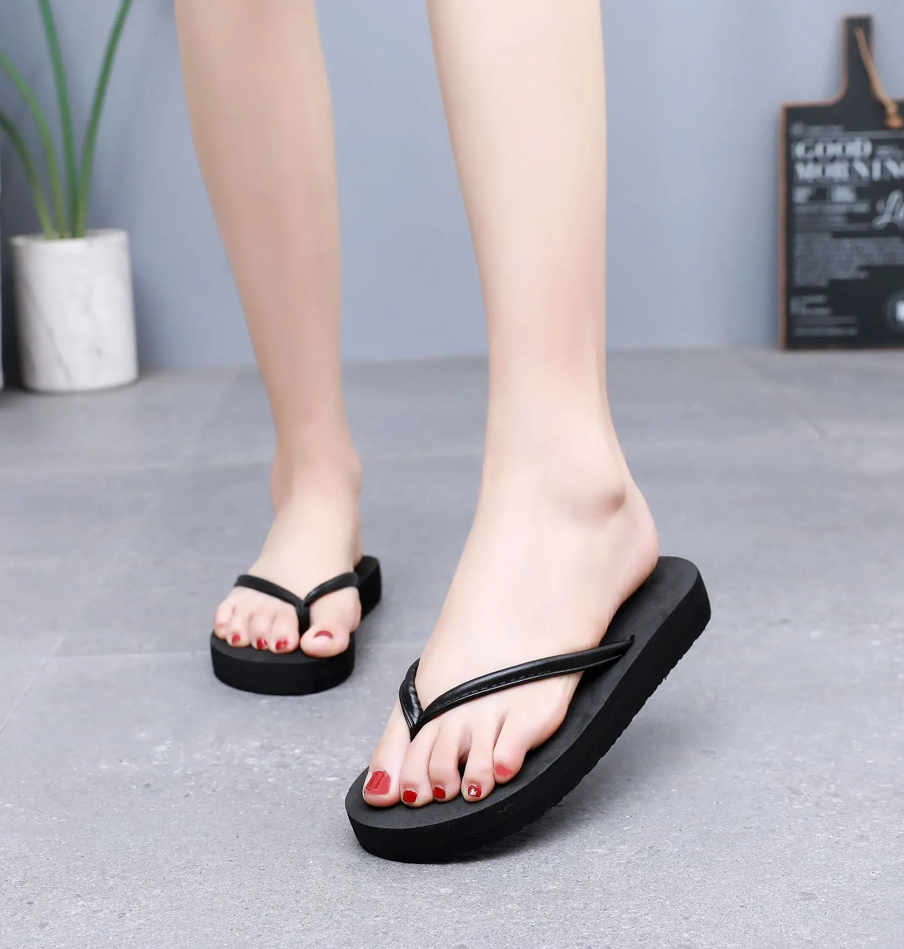 Black PU Wedge Flip Flops Women Summer Non-Slip — feature 18