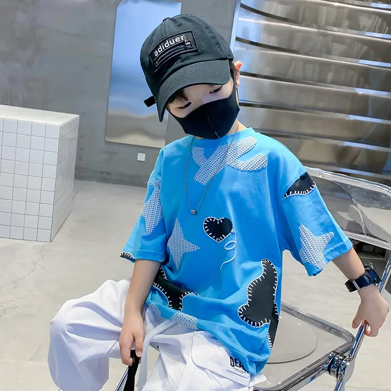 Blue Cartoon Boys T-Shirt Short Sleeve Pure Cotton Summer 2025