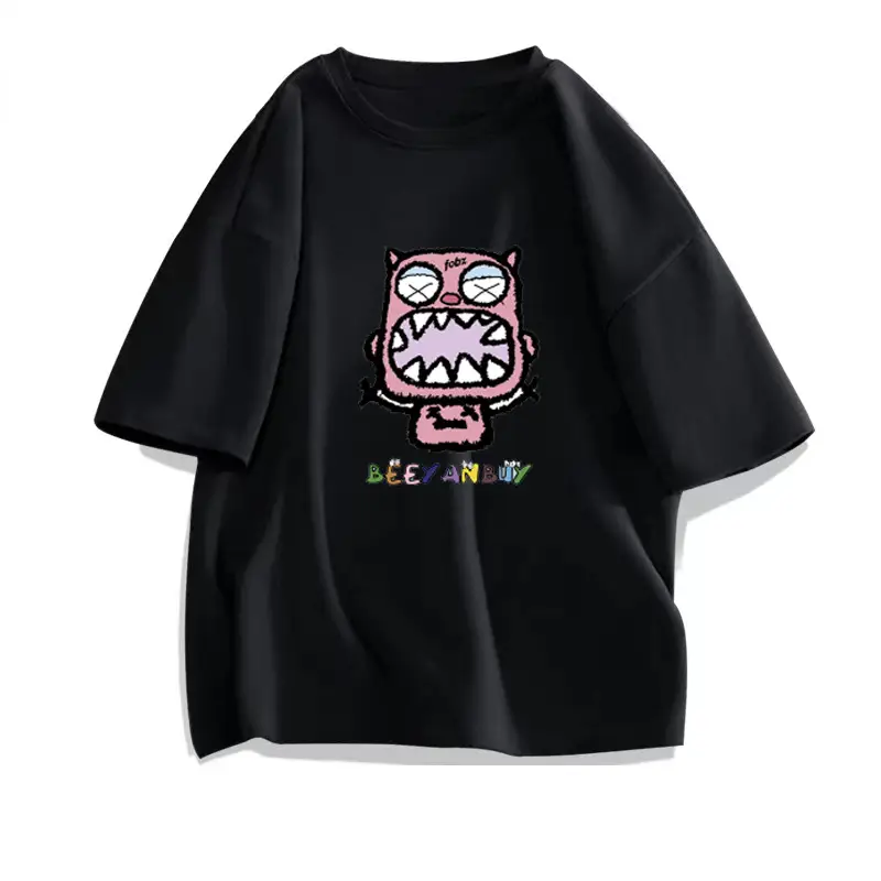 Men Women Pure Cotton Loose Print T-Shirt Black White — feature 20