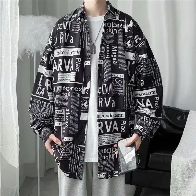 Men's Long Sleeve Japanese Style Shirt with Anti-Wrinkle Print - Image 5