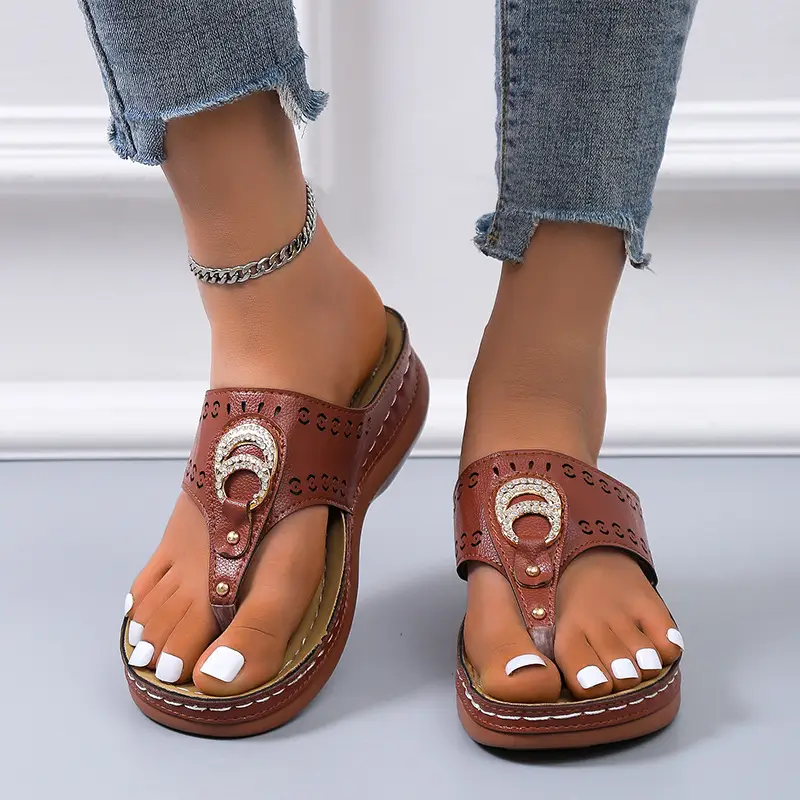 Red Rhinestone Wedge Heel Women's Slippers Large