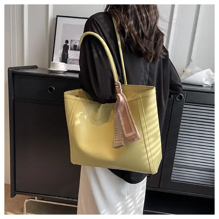 Women's Large Capacity Yellow Tote Bag with Leather Strap — feature 21