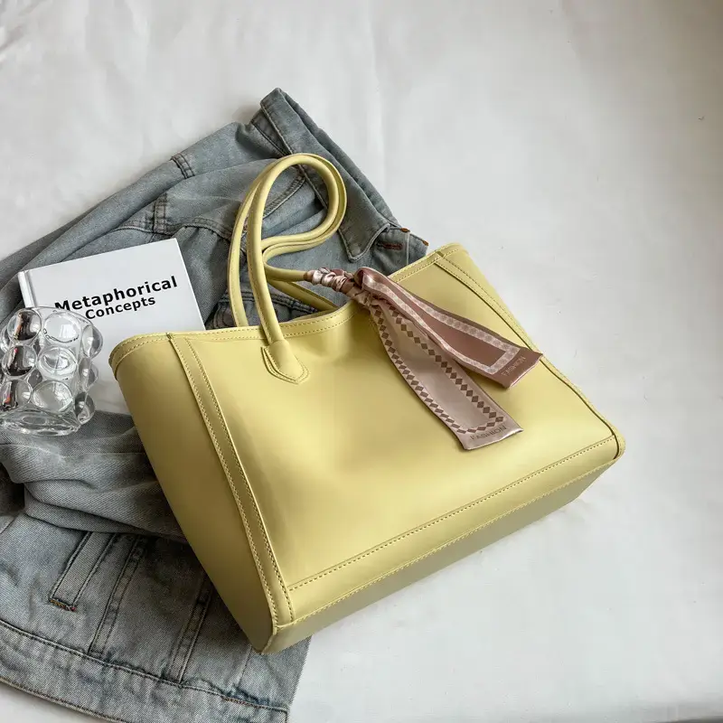 Women's Large Capacity Yellow Tote Bag with Leather Strap - Image 5