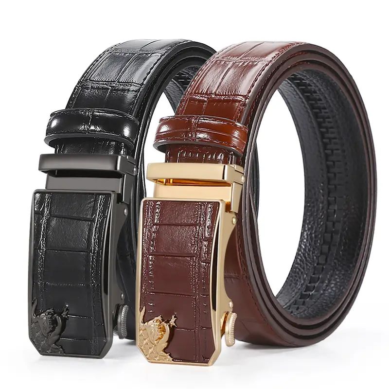 Men's Brown Croc PU Leather Belt with Gold Buckle - Image 4