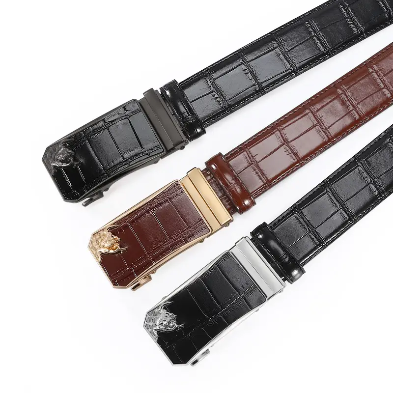 Men's Brown Croc PU Leather Belt with Gold Buckle - Image 5