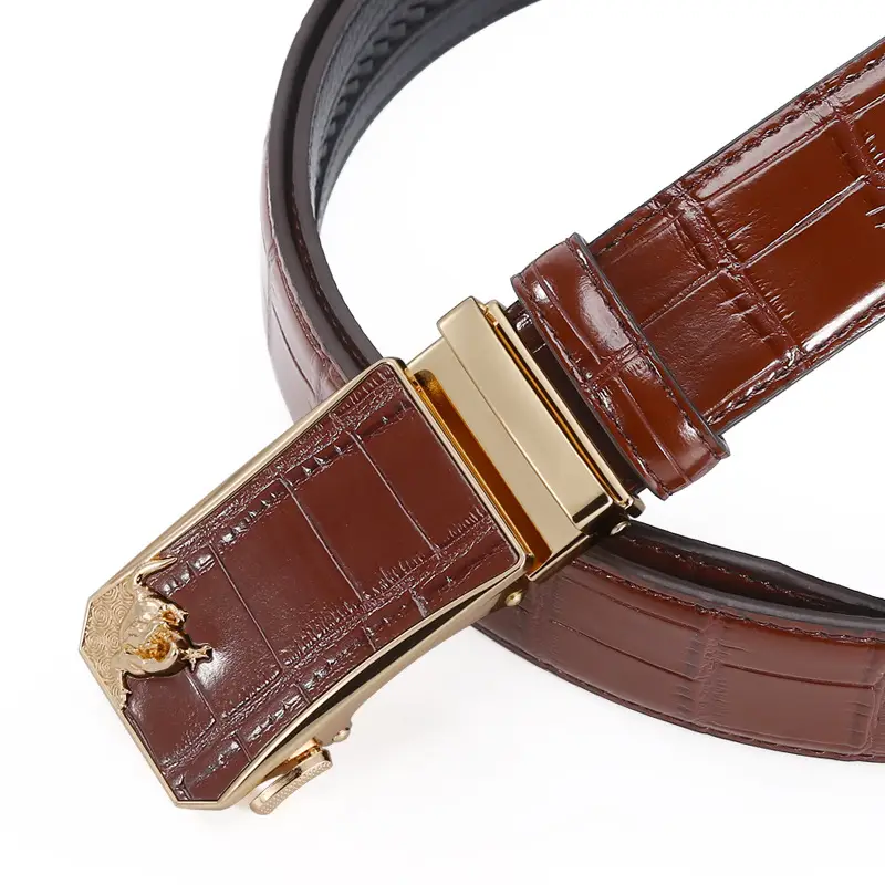 Men's Brown Croc PU Leather Belt with Gold Buckle - Image 6
