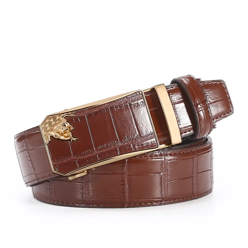 Men's Brown Croc PU Leather Belt with Gold Buckle - Image 8