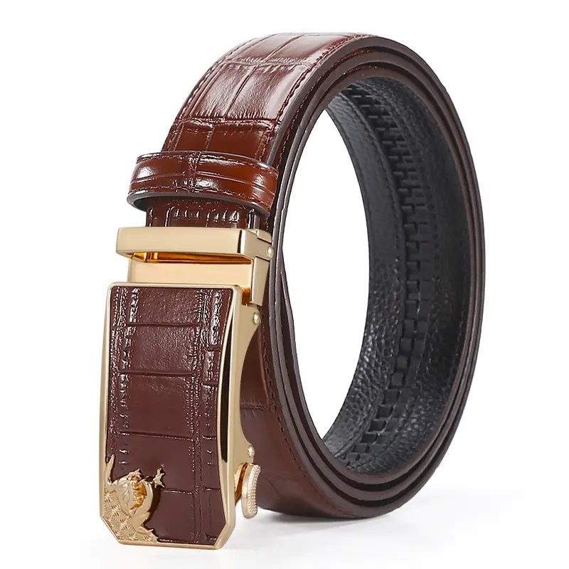 Men's Brown Croc PU Leather Belt with Gold Buckle - Image 2