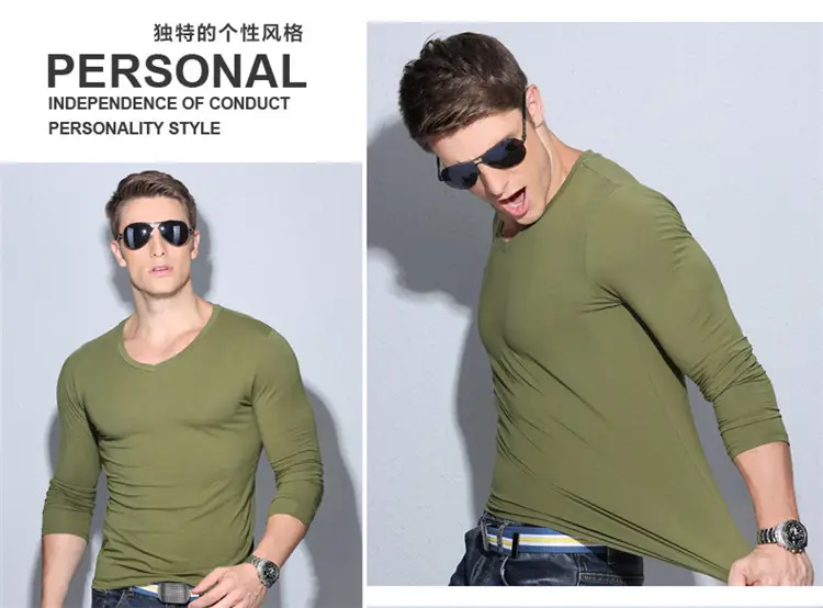 Men's V-Neck Black Long Sleeve T-Shirt — feature 7