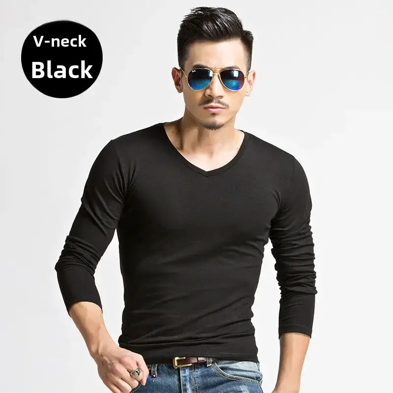 Men's V-Neck Black Long Sleeve T-Shirt
