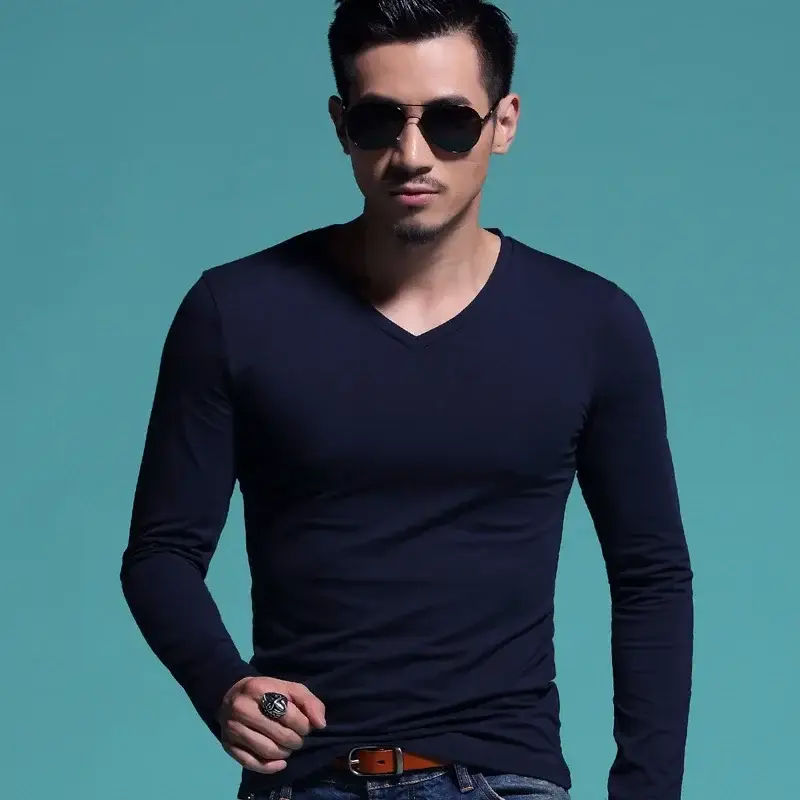 Men's V-Neck Black Long Sleeve T-Shirt