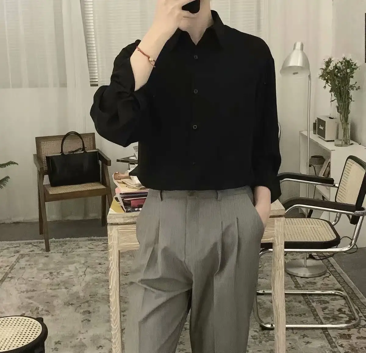 Men's White Korean Long Sleeve Shirt with Ripper Hands