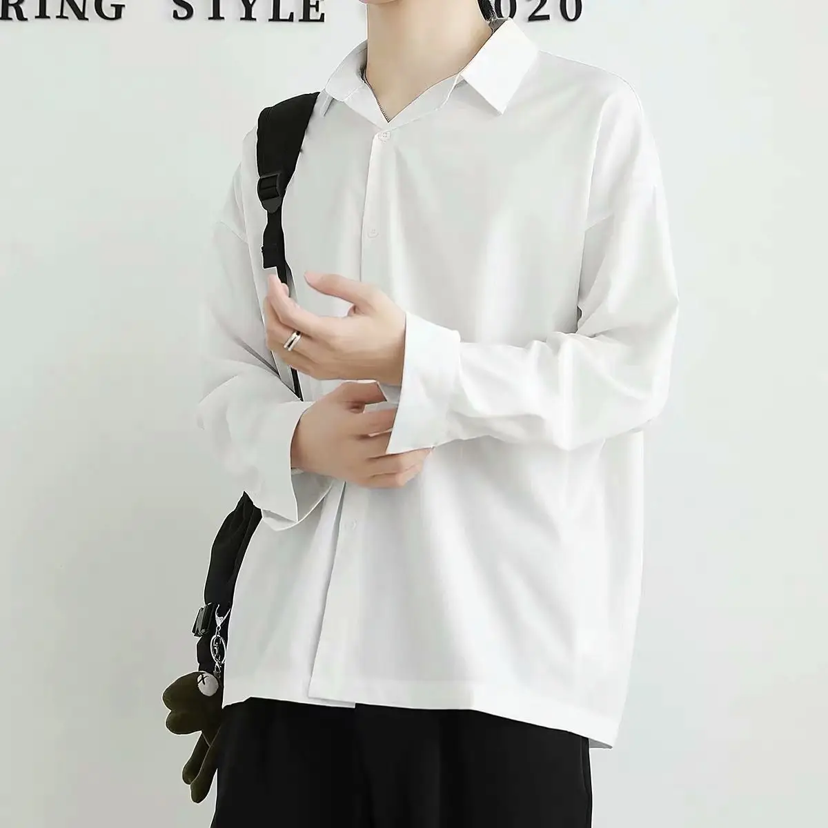 Men's White Korean Long Sleeve Shirt with Ripper Hands
