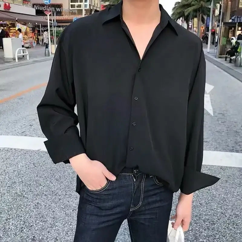 Men's White Korean Long Sleeve Shirt with Ripper Hands