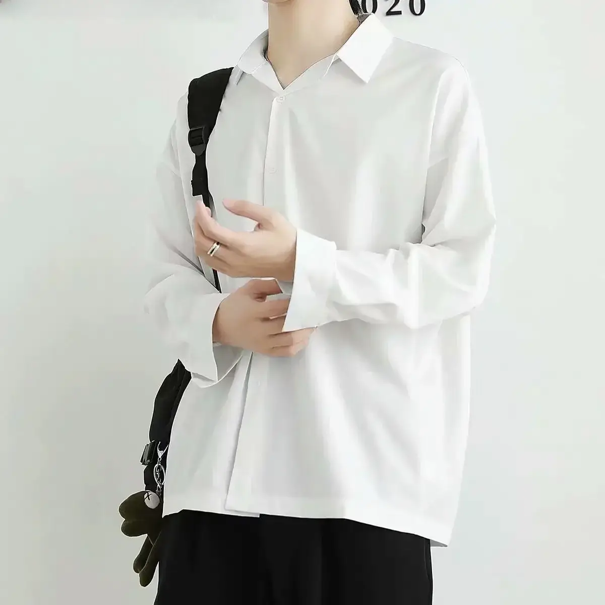 Men's White Korean Long Sleeve Shirt with Ripper Hands