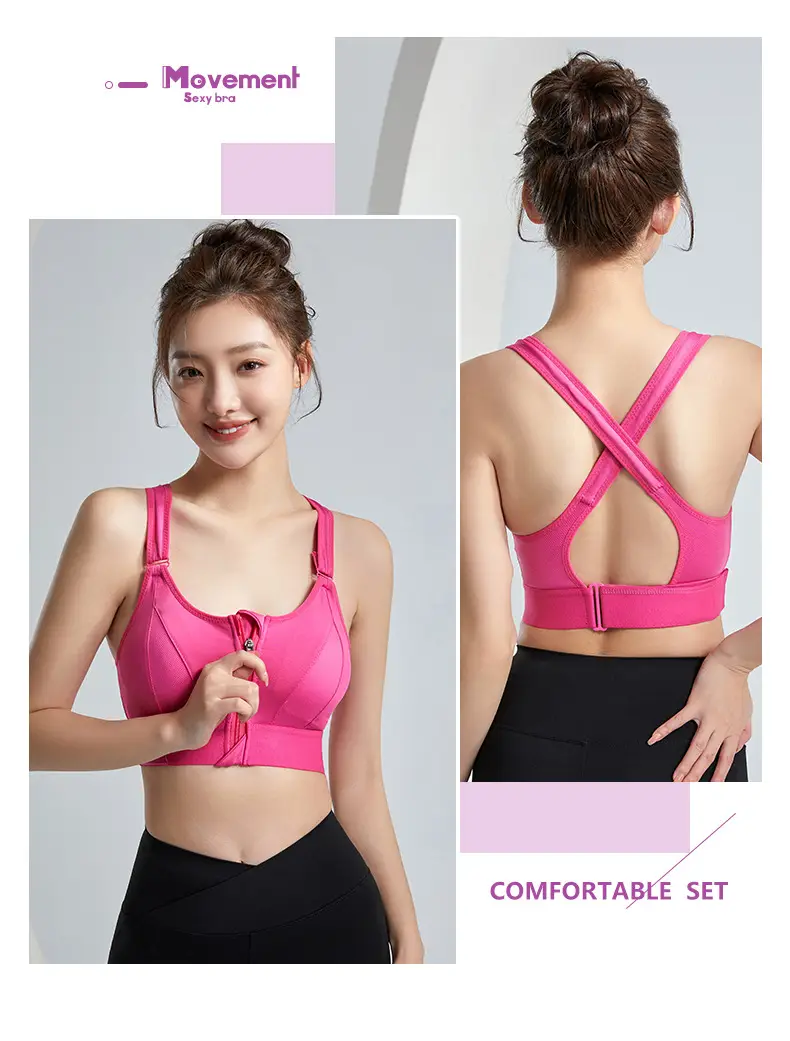 Women's Front Zipper Sports Bra Pink Plus Size Wireless Push Up — feature 16