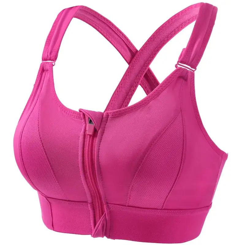 Women's Front Zipper Sports Bra Pink Plus Size Wireless Push Up - Image 4