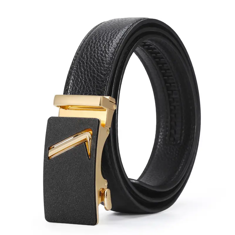 Men's Black Leather Belt with Gold Buckle