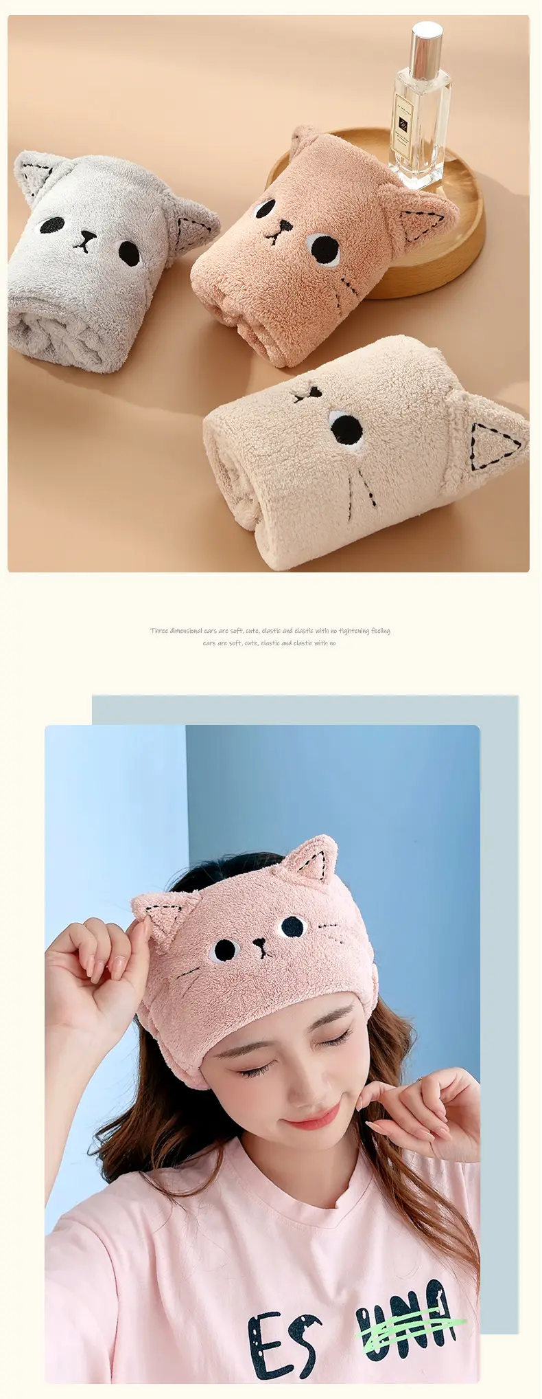 Cute Cat Ear Headband Japanese Style Makeup Elastic Coral Fleece Knitted Face Washing Headband — feature 13