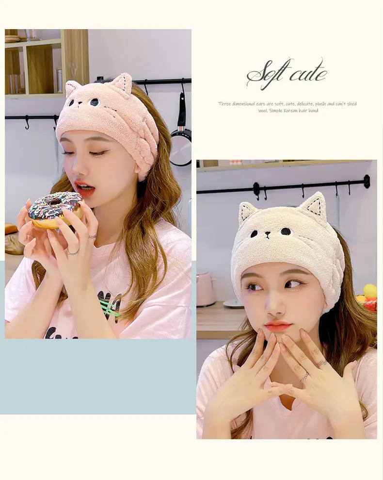 Cute Cat Ear Headband Japanese Style Makeup Elastic Coral Fleece Knitted Face Washing Headband — feature 14