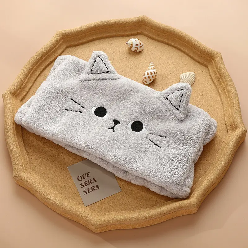 Cute Cat Ear Headband Japanese Style Makeup Elastic Coral Fleece Knitted Face Washing Headband - Image 3
