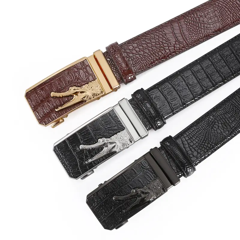 Men's Croc Leather Belt with Gold Buckle Black Brown - Image 4