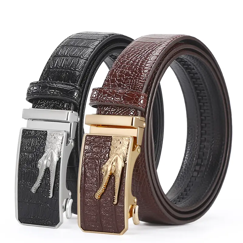 Men's Croc Leather Belt with Gold Buckle Black Brown - Image 5