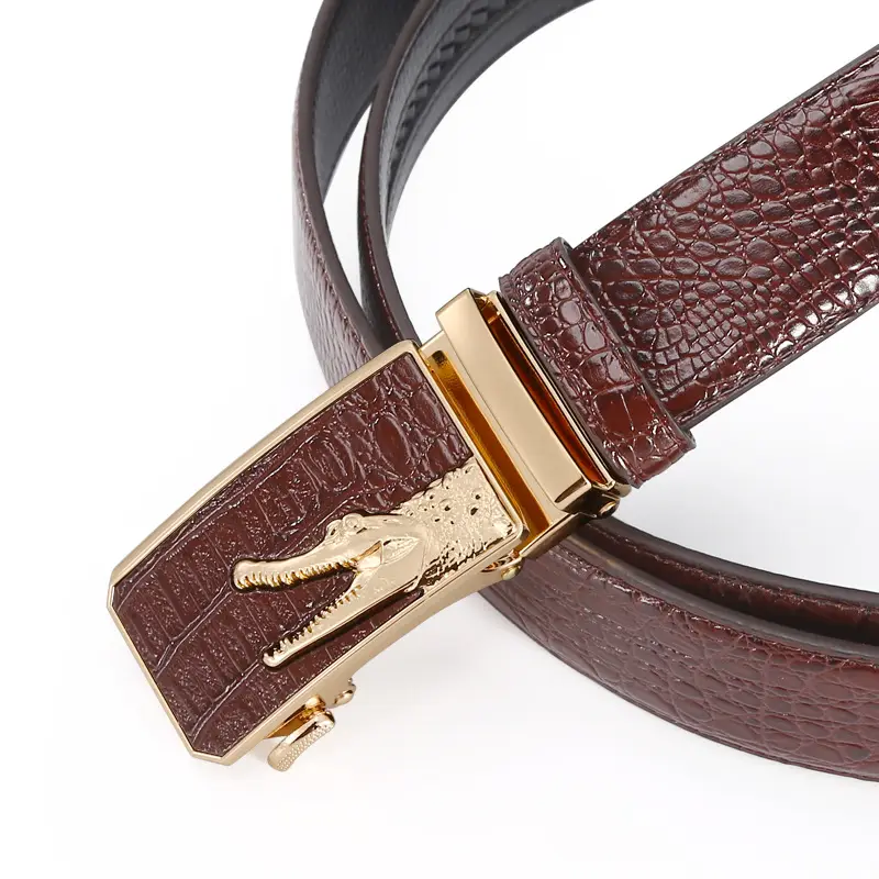 Men's Croc Leather Belt with Gold Buckle Black Brown - Image 6