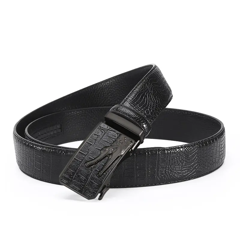 Men's Croc Leather Belt with Gold Buckle Black Brown - Image 8