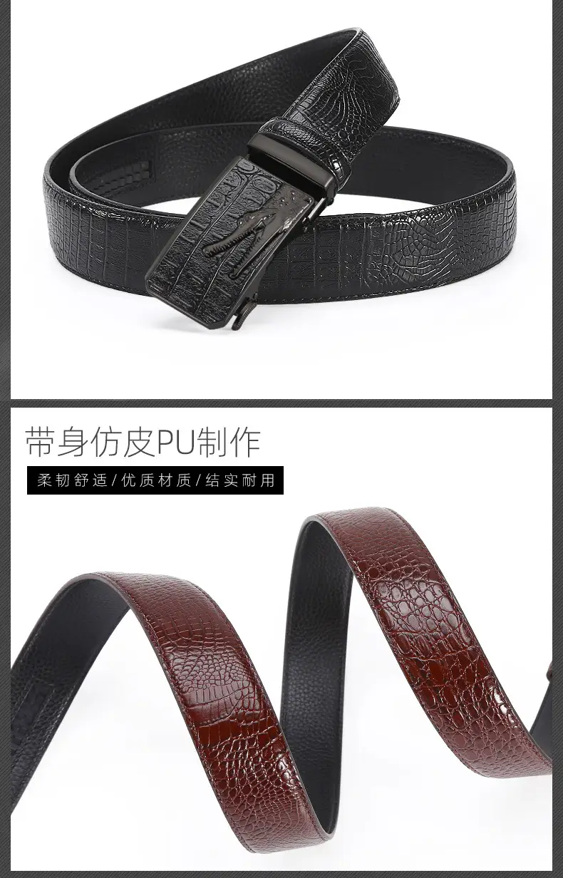 Men's Croc Leather Belt with Gold Buckle Black Brown β feature 2