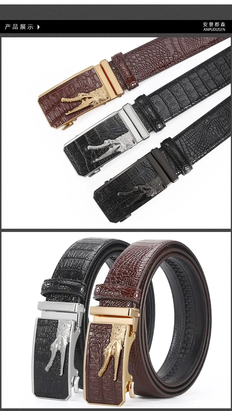 Men's Croc Leather Belt with Gold Buckle Black Brown β feature 5