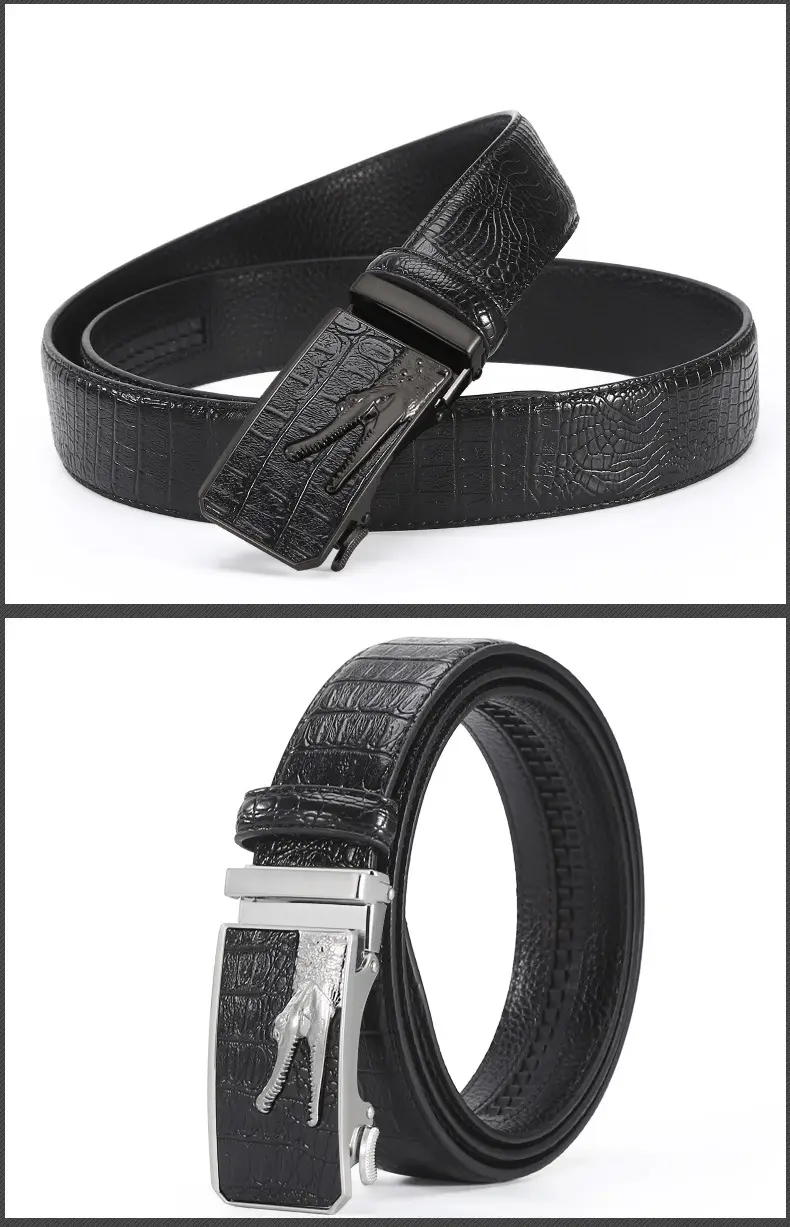 Men's Croc Leather Belt with Gold Buckle Black Brown β feature 6