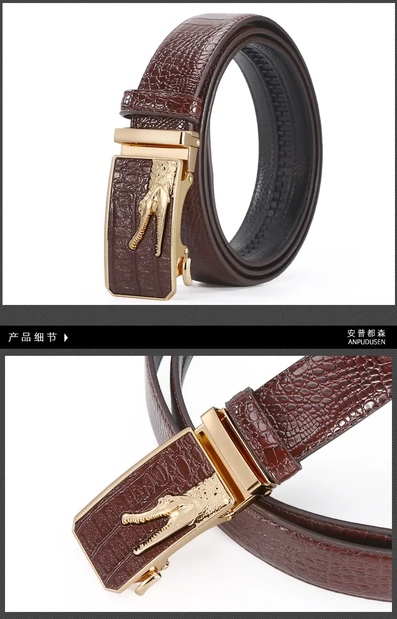 Men's Croc Leather Belt with Gold Buckle Black Brown β feature 7