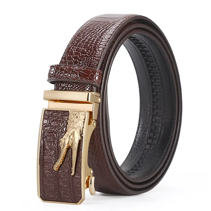 Men's Croc Leather Belt with Gold Buckle Black Brown