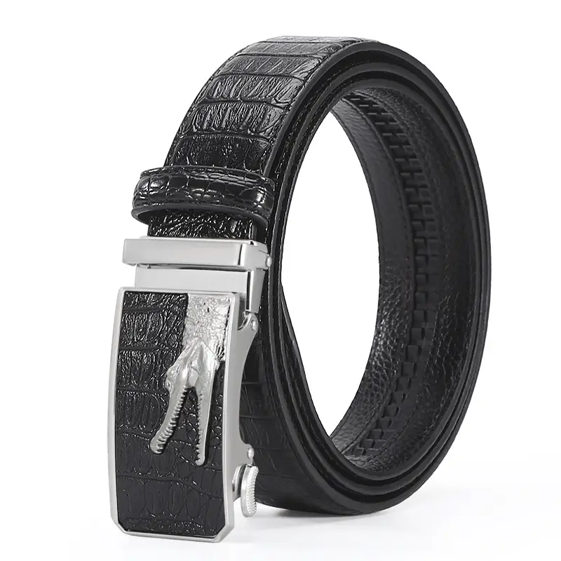 Men's Croc Leather Belt with Gold Buckle Black Brown - Image 2