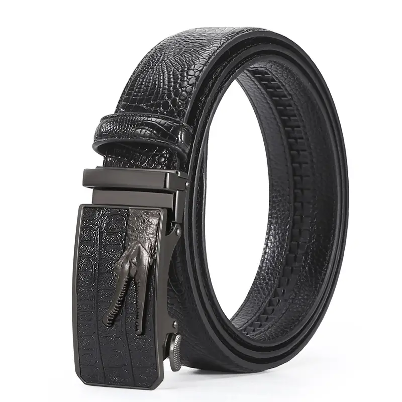 Men's Croc Leather Belt with Gold Buckle Black Brown - Image 3