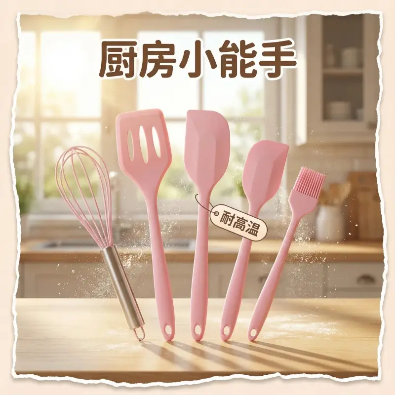 Silicone baking tools five-piece kitchenware high temperature resistant silicone scraper brush spatula stir-fry spoon egg beater suit