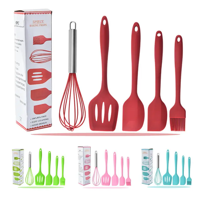 Silicone baking tools five-piece kitchenware high temperature resistant silicone scraper brush spatula stir-fry spoon egg beater suit