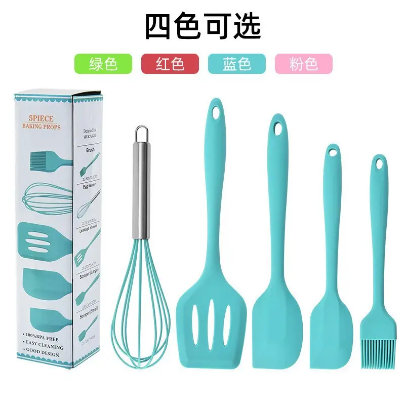 Silicone baking tools five-piece kitchenware high temperature resistant silicone scraper brush spatula stir-fry spoon egg beater suit