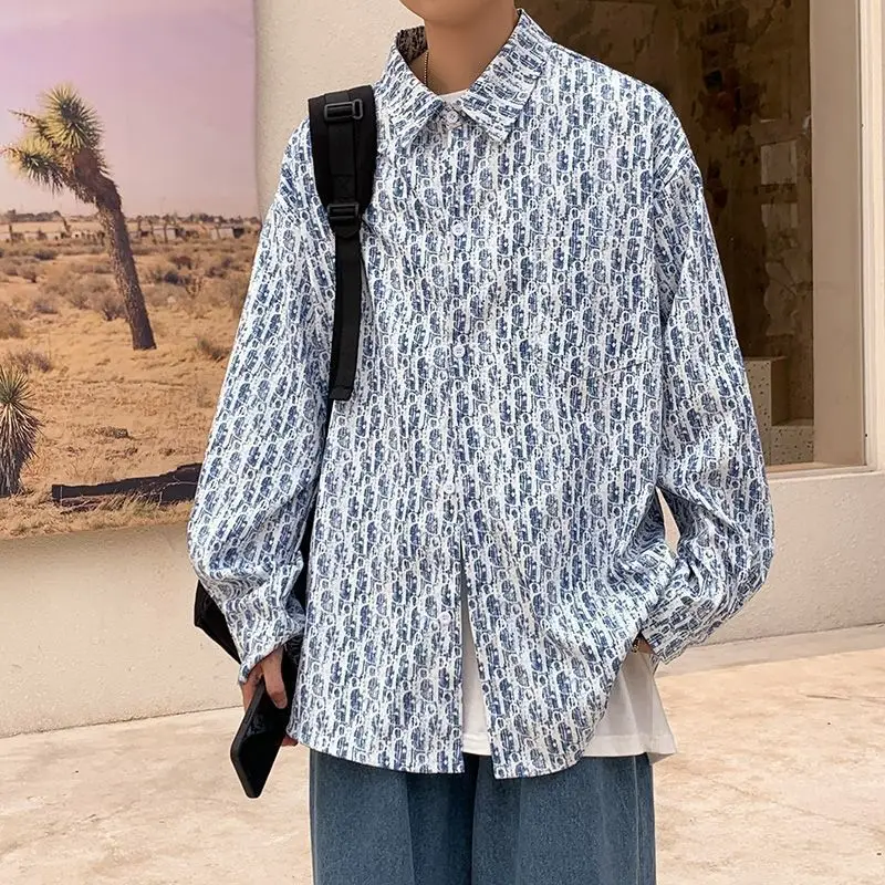 Men's Full Body Printed Long Sleeve Shirt White Gray - Image 4